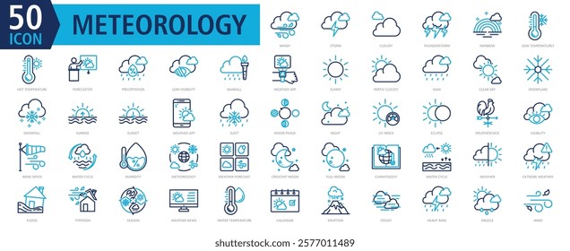 METEOROLOGY ICON SET With windy, storm, cloudy, thunderstorm, rainbow, low temperatures, hot temperature, forecaster, precipitation and low visibility