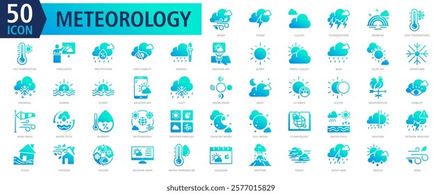 METEOROLOGY ICON SET With windy, storm, cloudy, thunderstorm, rainbow, low temperatures, hot temperature, forecaster, precipitation and low visibility