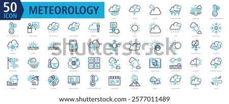 METEOROLOGY ICON SET With windy, storm, cloudy, thunderstorm, rainbow, low temperatures, hot temperature, forecaster, precipitation and low visibility