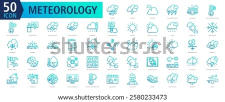 METEOROLOGY ICON SET With windy, storm, cloudy, thunderstorm, rainbow, low temperatures, hot temperature, forecaster, precipitation and low visibility
