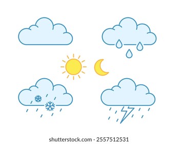 Meteorology icon. Weather forecast for day and night, Rainy, snowflakes, cloudy, storm