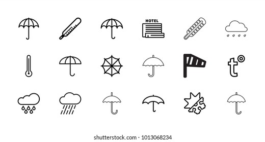 Meteorology icons. set of 18 editable outline meteorology icons: umbrella, thermometer, rain, cold and hote mode, temperature, sun