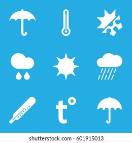 meteorology icons set. Set of 9 meteorology filled icons such as umbrella, thermometer, rain, cold and hote mode, temperature