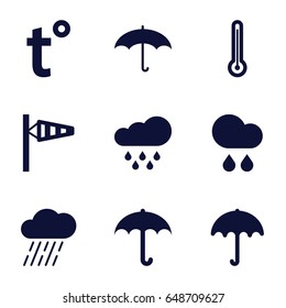 Meteorology icons set. set of 9 meteorology filled icons such as umbrella, wind cone, rain, temperature