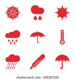 Meteorology icons set. set of 9 meteorology filled icons such as umbrella, thermometer, rain