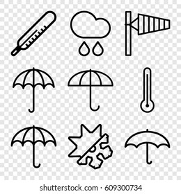 Meteorology icons set. set of 9 meteorology outline icons such as umbrella, wind cone, thermometer, rain