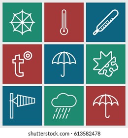 Meteorology icons set. set of 9 meteorology outline icons such as wind cone, thermometer, rain, cold and hote mode, temperature