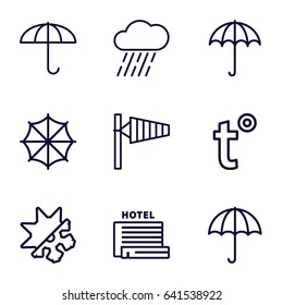 Meteorology icons set. set of 9 meteorology outline icons such as umbrella, wind cone, rain, cold and hote mode, temperature