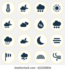 Meteorology Icons Set. Collection Of Breeze, Rainy, Douche And Other Elements. Also Includes Symbols Such As Temperature, Crescent, Vane.