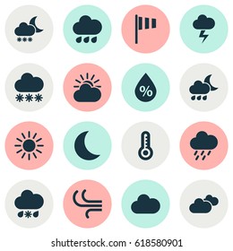 Meteorology Icons Set. Collection Of Flag, Moon, Snowy And Other Elements. Also Includes Symbols Such As Cloudy, Cold, Sunlight.