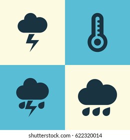 Meteorology Icons Set. Collection Of Flash, Lightning, Temperature And Other Elements. Also Includes Symbols Such As Outbreak, Hot, Cloud.
