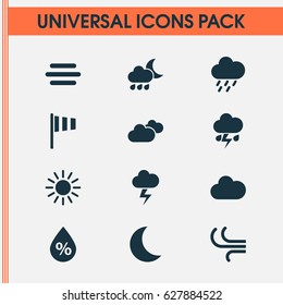 Meteorology Icons Set. Collection Of Lightning, Flash, Haze And Other Elements. Also Includes Symbols Such As Fog, Moonlight, Lightning.