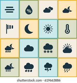 Meteorology Icons Set. Collection Of Night, Nightly, Sun-Cloud And Other Elements. Also Includes Symbols Such As Temperature, Sunny, Snowy.