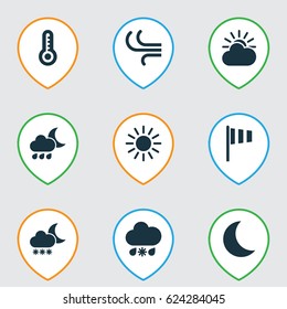 Meteorology Icons Set. Collection Of Nightly, Breeze, Temperature And Other Elements. Also Includes Symbols Such As Sunny, Thermometer, Weather.