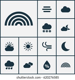 Meteorology Icons Set. Collection Of Snowy, Wet, Moisture And Other Elements. Also Includes Symbols Such As Snow, Overcast, Weather.