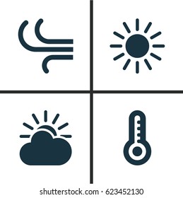 Meteorology Icons Set. Collection Of Sun-Cloud, Breeze, Temperature And Other Elements. Also Includes Symbols Such As Thermometer, Wind, Cloud.
