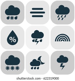 Meteorology Icons Set. Collection Of Wet, Nightly, Colors And Other Elements. Also Includes Symbols Such As Cloud, Colors, Moisture.