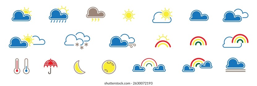 Meteorology icons set. Weather icons set isolated on transparent background.  Colorful weather icons. Clouds, rain, sun, fog, moon, umbrella, temperature, snow, rainbow, wind, etc. illustration