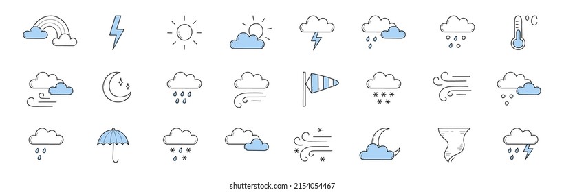 Meteorology icons, weather forecast signs with sun, moon, clouds, lightning, rainbow, thermometer and umbrella. Vector doodle set of rain, snow, tornado, wind storm, overcast and blizzard