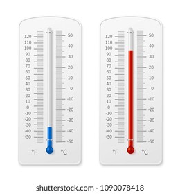 Meteorology indoor thermometer realistic vector illustration isolated. Temperature scale instrument, thermometer for weather