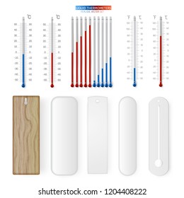 Meteorology indoor thermometer realistic vector mockup set. Temperature scale instrument, thermometer for weather