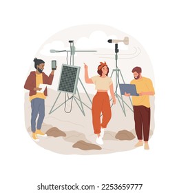 Meteorology isolated cartoon vector illustration. Group of people collecting data with meteorological instrument, measuring the wind speed and humidity, temperature control vector cartoon.