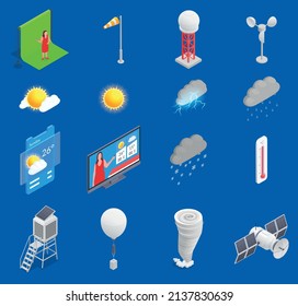 Meteorology Isometric Set With 3d Icons Of Meteorological Equipment Weather Forecast On Tv On Blue Background Isolated Vector Illustration