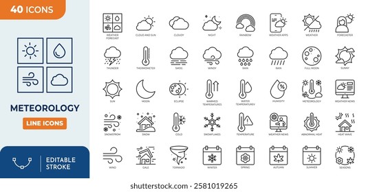 Meteorology line editable icon set. Meteorology icon set. Containing various weather conditions, Overcast, Sunny, Rainy, Snowy, Windy, climate and more. Vector illustration
