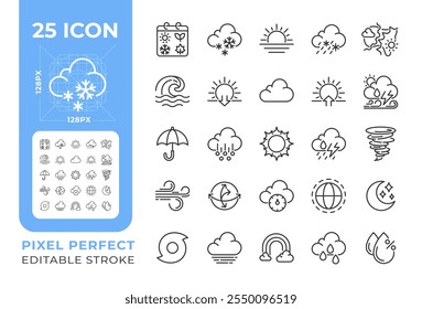 Meteorologia conjunto de ícones lineares. Símbolos de previsão do tempo. Precipitações, temperatura e ícones do vento. Símbolos de linha fina personalizáveis. Ilustrações isoladas de contorno de vetor. Traçado editável