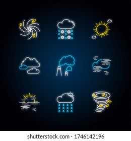 Meteorology neon light icons set. Weather forecasting science, environment condition prediction signs with outer glowing effect. Atmospheric precipitation. Vector isolated RGB color illustrations