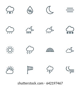 Meteorology Outline Icons Set. Collection Of Snowy Raining, Rain, Wind And Other Elements. Also Includes Symbols Such As Moonlight, Blizzard, Snowy.