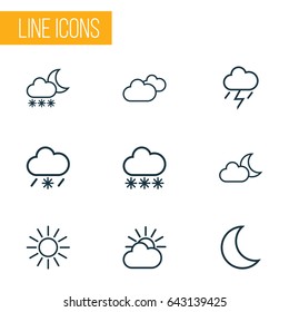 Meteorology Outline Icons Set. Collection Of Night, Overcast, Snow And Other Elements. Also Includes Symbols Such As Snowflake, Lightning, Overcast.