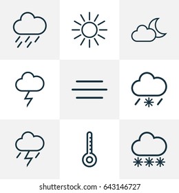 Meteorology Outline Icons Set. Collection Of Drizzle, Sun, Lightning And Other Elements. Also Includes Symbols Such As Thermometer, Temperature, Snowflake.