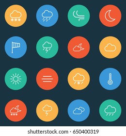 Meteorology Outline Icons Set. Collection Of Rain, Windsock, Wind And Other Elements. Also Includes Symbols Such As Snowy, Sun, Snowflake.
