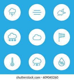 Meteorology Outlines Set. Collection Of Drop, Cloud, Snow And Other Elements. Also Includes Symbols Such As Drop, Wind, Cloudy.