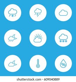 Meteorology Outlines Set. Collection Of Lightning, Snow, Drop And Other Elements. Also Includes Symbols Such As Thunderstorm, Drop, Storm.