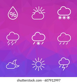 Meteorology Outlines Set. Collection Of Sun, Cloud Sky, Night And Other Elements. Also Includes Symbols Such As Percent, Night, Sunshine.
