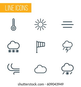 Meteorology Outlines Set. Collection Of Wind, Lightning, Breeze And Other Elements. Also Includes Symbols Such As Snowflake, Breeze, Swirl.