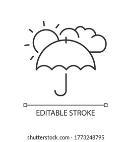 Meteorology pixel perfect linear icon. Weather forecasting science thin line customizable illustration. Contour symbol. Umbrella with sun and cloud Vector isolated outline drawing. Editable stroke