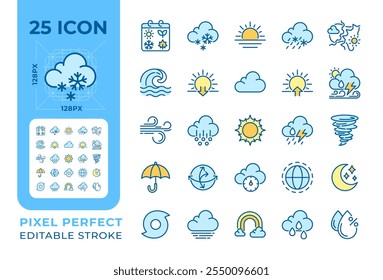 Meteorology RGB color icons set. Weather forecast symbols. Precipitations, temperature and wind icons. Isolated vector illustrations. Simple filled line drawings collection. Editable stroke