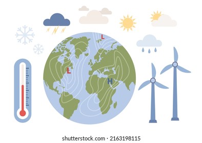 Icono conjunto de ciencia de la meteorología. El clima y la condición climática. Día Meteorológico Mundial. Ilustración plana del vector