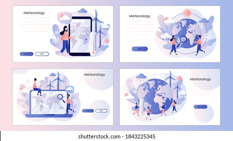 Meteorology science. World Meteorological day. Tiny people meteorologist. Screen template for mobile smart phone, landing page, template, ui, web,mobile app, poster, banner, flyer. Vector illustration