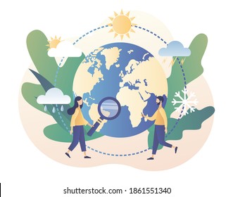 Meteorology science. World Meteorological day. Tiny people meteorologists studying and researching weather and climate condition. Modern flat cartoon style. Vector illustration on white background