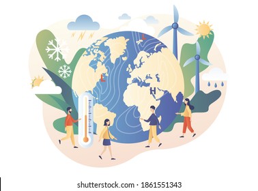 Meteorology science. World Meteorological day. Tiny people meteorologists studying and researching weather and climate condition. Modern flat cartoon style. Vector illustration on white background