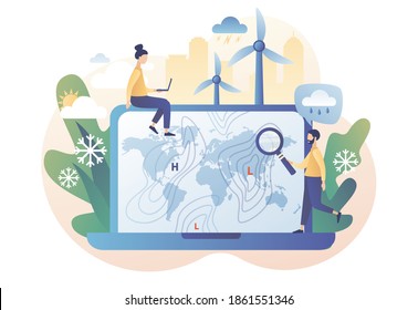Meteorology science. World Meteorological day. Tiny people meteorologist studying and researching weather and climate condition online on laptop. Modern flat cartoon style. Vector illustration