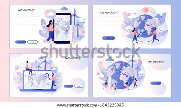Meteorology science. World Meteorological\
day. Tiny people meteorologist. Screen template for mobile smart\
phone, landing page, template, ui, web,mobile app, poster, banner,\
flyer. Vector\
illustration