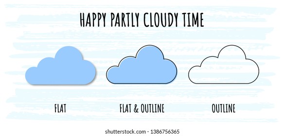 Meteorology set icons of cloud in flat and outline styles for website or mobile app. Modern additional weather elements of cloud time. Simple design symbols with nice phrase on light blue background.