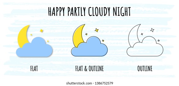 Meteorology set icons of cloudy night in flat and outline styles for website or mobile app. Modern additional weather night elements. Simple design symbols with nice phrase on light blue background.