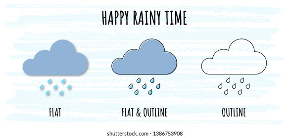 Meteorology set icons of rain in flat and outline styles for website or mobile app. Modern additional weather elements of rainy day. Simple design symbols with nice phrase on light blue background.