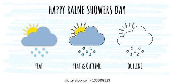 Meteorology set icons of raining sunny day in flat and outline styles for website or mobile app. Modern additional weather elements. Simple design symbols with nice phrase on light blue background.